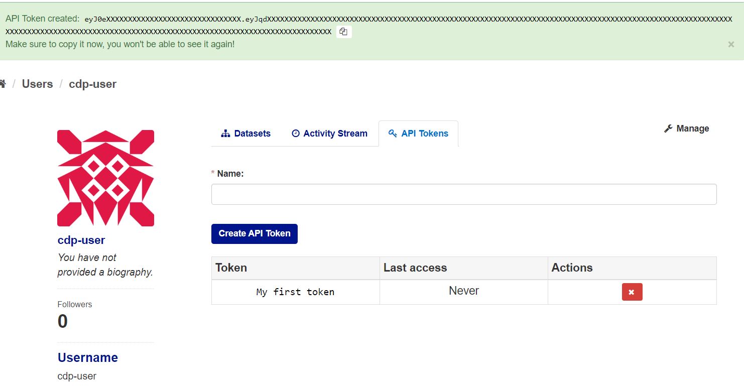 A visual representation of the result of following the three aforementioned steps. The token value is shown in a green notification banner along the top of the page.