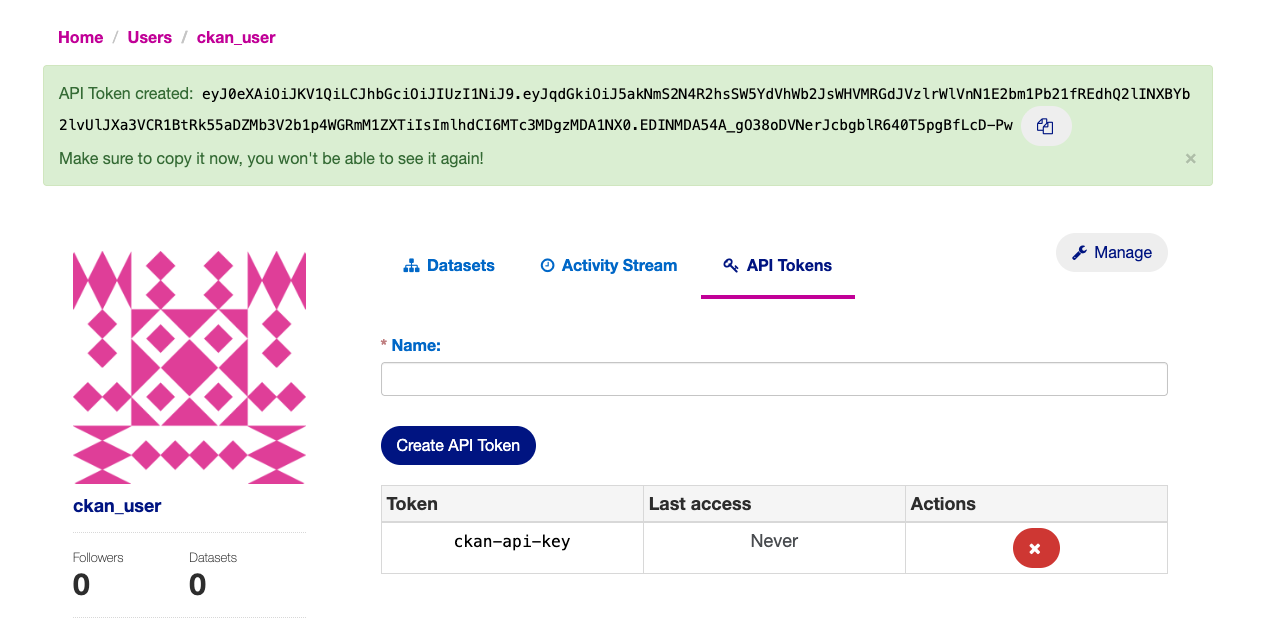 A visual representation of the result of following the three aforementioned steps. The token value is shown in a green notification banner along the top of the page.