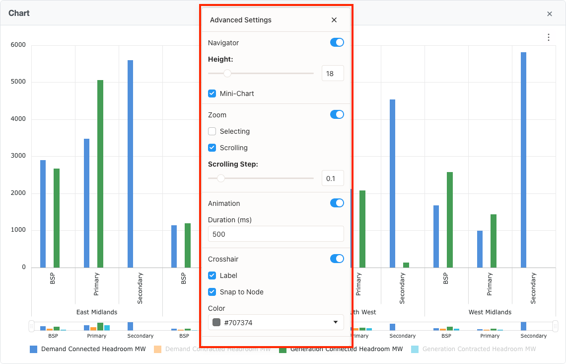 Advanced settings panel open showing options