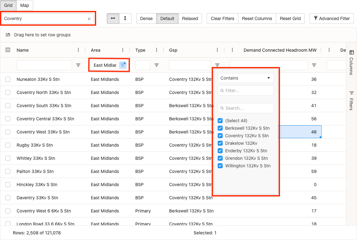 Column filtering interface showing quick filter text inputs below column headers and a multi-select filter dialog with checkboxes for filtering column values