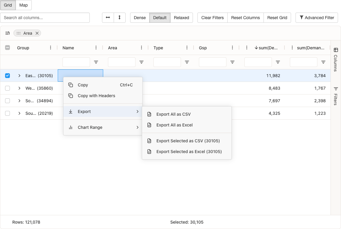 Context menu displayed on right-click showing export options: Export All as CSV, Export All as Excel, Export Selected as CSV, and Export Selected as Excel