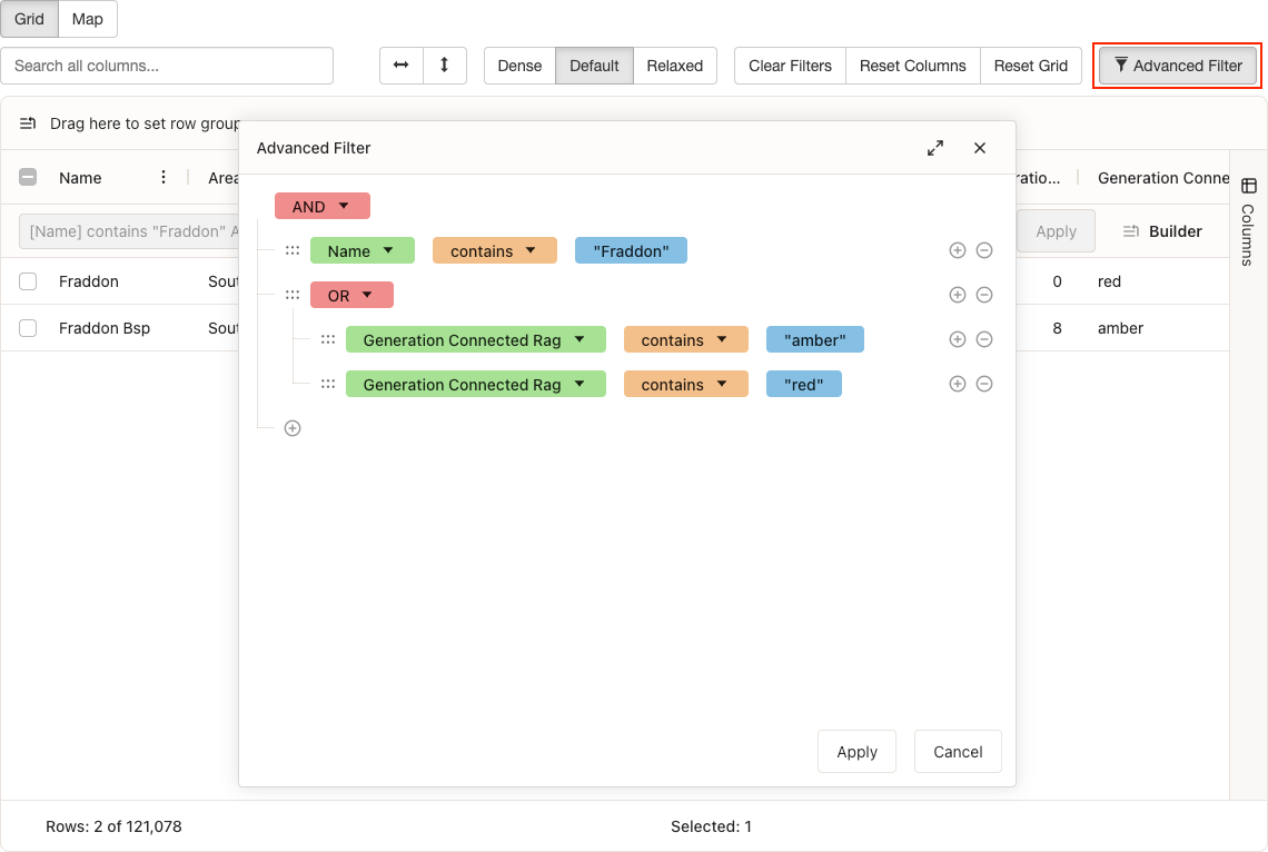 Advanced Query Builder interface with graphical controls for building filter conditions, including dropdown menus for column selection, operator selection, and value input fields