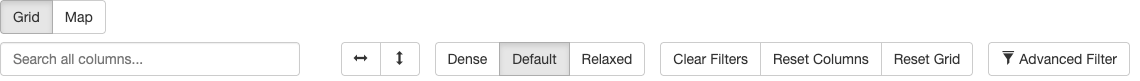 The custom toolbar with quick filter, column controls, density, and reset actions.