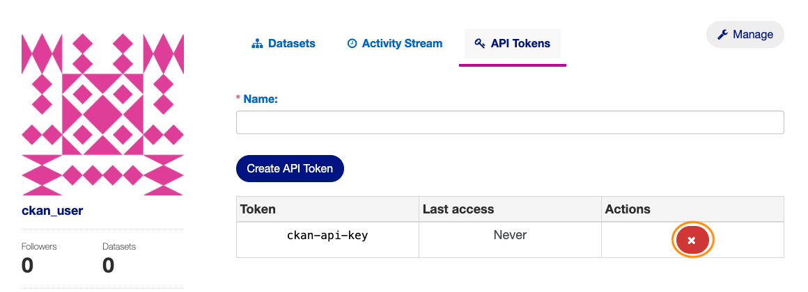 A visual example of the API Tokens table in the user profile page, with one token in the table. The red 'X' button in the token's row is circled in red.